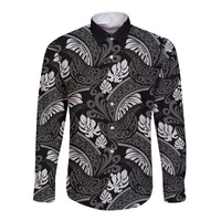 Grayscale Monstera Long Sleeve Button Shirt Polynesian Tribal Pattern - Polynesian Pride