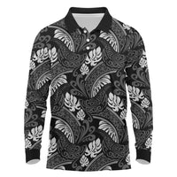 Grayscale Monstera Long Sleeve Polo Shirt Polynesian Tribal Pattern - Polynesian Pride