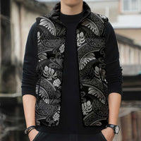 Grayscale Monstera Sleeveless Puffer Jacket Polynesian Tribal Pattern - Polynesian Pride