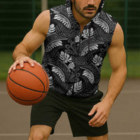 Grayscale Monstera Sleeveless Zip Hoodie Polynesian Tribal Pattern - Polynesian Pride