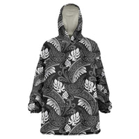 Grayscale Monstera Wearable Blanket Hoodie Polynesian Tribal Pattern - Polynesian Pride