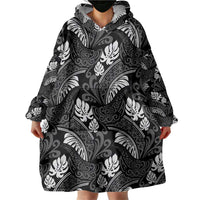 Grayscale Monstera Wearable Blanket Hoodie Polynesian Tribal Pattern - Polynesian Pride