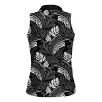 Grayscale Monstera Women Sleeveless Polo Shirt Polynesian Tribal Pattern - Polynesian Pride