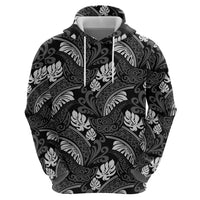 Grayscale Monstera Zip Hoodie Polynesian Tribal Pattern - Polynesian Pride