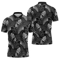Grayscale Monstera Zipper Polo Shirt Polynesian Tribal Pattern - Polynesian Pride