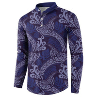 Deep Blue Monstera Button Sweatshirt Polynesian Tribal Pattern - Polynesian Pride