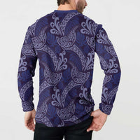 Deep Blue Monstera Button Sweatshirt Polynesian Tribal Pattern - Polynesian Pride