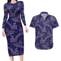 Deep Blue Monstera Couples Matching Long Sleeve Bodycon Dress and Hawaiian Shirt Polynesian Tribal Pattern - Polynesian Pride