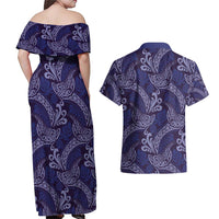 Deep Blue Monstera Couples Matching Off Shoulder Maxi Dress and Hawaiian Shirt Polynesian Tribal Pattern - Polynesian Pride