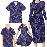 Deep Blue Monstera Family Matching Long Sleeve Bodycon Dress and Hawaiian Shirt Polynesian Tribal Pattern - Polynesian Pride