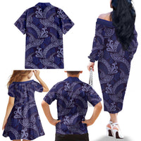 Deep Blue Monstera Family Matching Off The Shoulder Long Sleeve Dress and Hawaiian Shirt Polynesian Tribal Pattern - Polynesian Pride