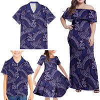 Deep Blue Monstera Family Matching Off Shoulder Maxi Dress and Hawaiian Shirt Polynesian Tribal Pattern - Polynesian Pride