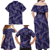 Deep Blue Monstera Family Matching Off Shoulder Maxi Dress and Hawaiian Shirt Polynesian Tribal Pattern - Polynesian Pride