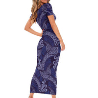Deep Blue Monstera Family Matching Short Sleeve Bodycon Dress and Hawaiian Shirt Polynesian Tribal Pattern - Polynesian Pride