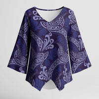 Deep Blue Monstera Kimono Sleeve Blouse Polynesian Tribal Pattern - Polynesian Pride