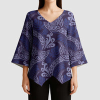 Deep Blue Monstera Kimono Sleeve Blouse Polynesian Tribal Pattern - Polynesian Pride