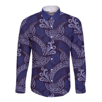Deep Blue Monstera Long Sleeve Button Shirt Polynesian Tribal Pattern - Polynesian Pride