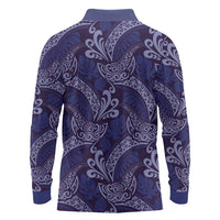 Deep Blue Monstera Long Sleeve Polo Shirt Polynesian Tribal Pattern - Polynesian Pride