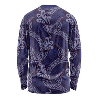 Deep Blue Monstera Long Sleeve Shirt Polynesian Tribal Pattern - Polynesian Pride