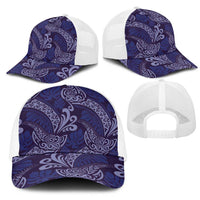Deep Blue Monstera Mesh Trucker Cap Polynesian Tribal Pattern - Polynesian Pride