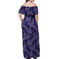 Deep Blue Monstera Off Shoulder Maxi Dress Polynesian Tribal Pattern - Polynesian Pride
