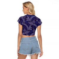 Deep Blue Monstera Raglan Cropped T Shirt Polynesian Tribal Pattern - Polynesian Pride