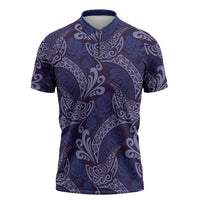 Deep Blue Monstera Zipper Polo Shirt Polynesian Tribal Pattern - Polynesian Pride