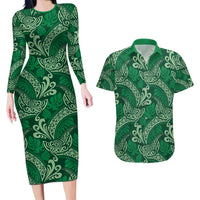 Forest Green Monstera Couples Matching Long Sleeve Bodycon Dress and Hawaiian Shirt Polynesian Tribal Pattern - Polynesian Pride