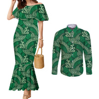 Forest Green Monstera Couples Matching Mermaid Dress and Long Sleeve Button Shirt Polynesian Tribal Pattern - Polynesian Pride