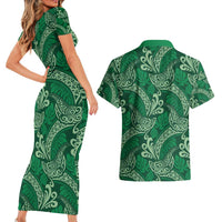 Forest Green Monstera Couples Matching Short Sleeve Bodycon Dress and Hawaiian Shirt Polynesian Tribal Pattern - Polynesian Pride
