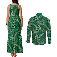 Forest Green Monstera Couples Matching Tank Maxi Dress and Long Sleeve Button Shirt Polynesian Tribal Pattern - Polynesian Pride