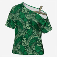 Forest Green Monstera Cross Shoulder Shirt Polynesian Tribal Pattern - Polynesian Pride