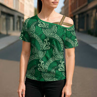 Forest Green Monstera Cross Shoulder Shirt Polynesian Tribal Pattern - Polynesian Pride