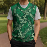 Forest Green Monstera Christmas Knitted V-Neck Vest Polynesian Tribal Pattern - Polynesian Pride