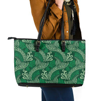 Forest Green Monstera Leather Tote Bag Polynesian Tribal Pattern - Polynesian Pride