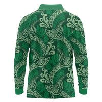 Forest Green Monstera Long Sleeve Polo Shirt Polynesian Tribal Pattern - Polynesian Pride