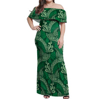 Forest Green Monstera Off Shoulder Maxi Dress Polynesian Tribal Pattern - Polynesian Pride