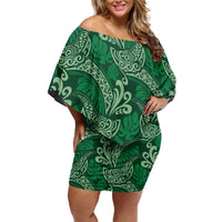 Forest Green Monstera Off Shoulder Short Dress Polynesian Tribal Pattern - Polynesian Pride