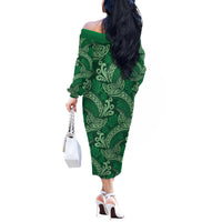 Forest Green Monstera Off The Shoulder Long Sleeve Dress Polynesian Tribal Pattern - Polynesian Pride
