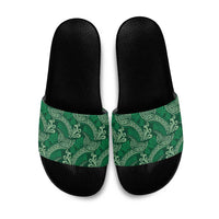 Forest Green Monstera Slide Sandals Polynesian Tribal Pattern - Polynesian Pride