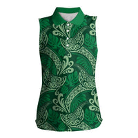 Forest Green Monstera Women Sleeveless Polo Shirt Polynesian Tribal Pattern - Polynesian Pride