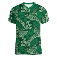 Forest Green Monstera Women V-Neck T-Shirt Polynesian Tribal Pattern - Polynesian Pride
