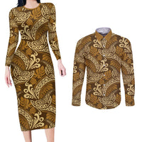 Brown Gold Monstera Couples Matching Long Sleeve Bodycon Dress and Long Sleeve Button Shirt Polynesian Tribal Pattern - Polynesian Pride