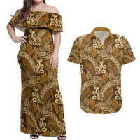 Brown Gold Monstera Couples Matching Off Shoulder Maxi Dress and Hawaiian Shirt Polynesian Tribal Pattern - Polynesian Pride