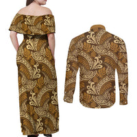 Brown Gold Monstera Couples Matching Off Shoulder Maxi Dress and Long Sleeve Button Shirt Polynesian Tribal Pattern - Polynesian Pride