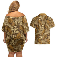 Brown Gold Monstera Couples Matching Off Shoulder Short Dress and Hawaiian Shirt Polynesian Tribal Pattern - Polynesian Pride