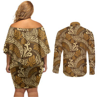 Brown Gold Monstera Couples Matching Off Shoulder Short Dress and Long Sleeve Button Shirt Polynesian Tribal Pattern - Polynesian Pride