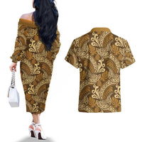 Brown Gold Monstera Couples Matching Off The Shoulder Long Sleeve Dress and Hawaiian Shirt Polynesian Tribal Pattern - Polynesian Pride
