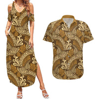 Brown Gold Monstera Couples Matching Summer Maxi Dress and Hawaiian Shirt Polynesian Tribal Pattern - Polynesian Pride