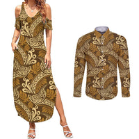 Brown Gold Monstera Couples Matching Summer Maxi Dress and Long Sleeve Button Shirt Polynesian Tribal Pattern - Polynesian Pride